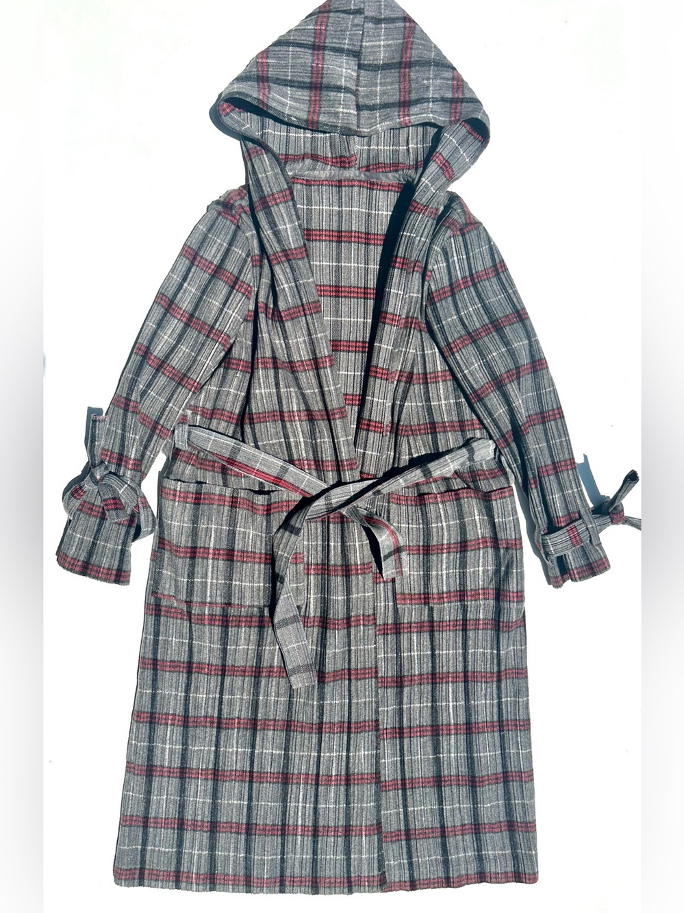 Vanite Couture Pleated Hooded Plaid Duster Long Jacket Coat - Gray & Red S-M